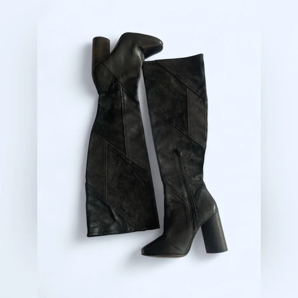 Black patchwork leather knee high boots with a chunky heel pointed toe size 5.5